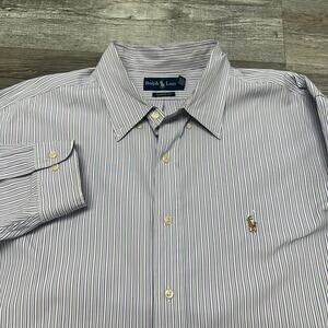 Vintage Y2K Ralph Lauren Purple Striped Mens 18 Classic Fit Button Dress Shirt